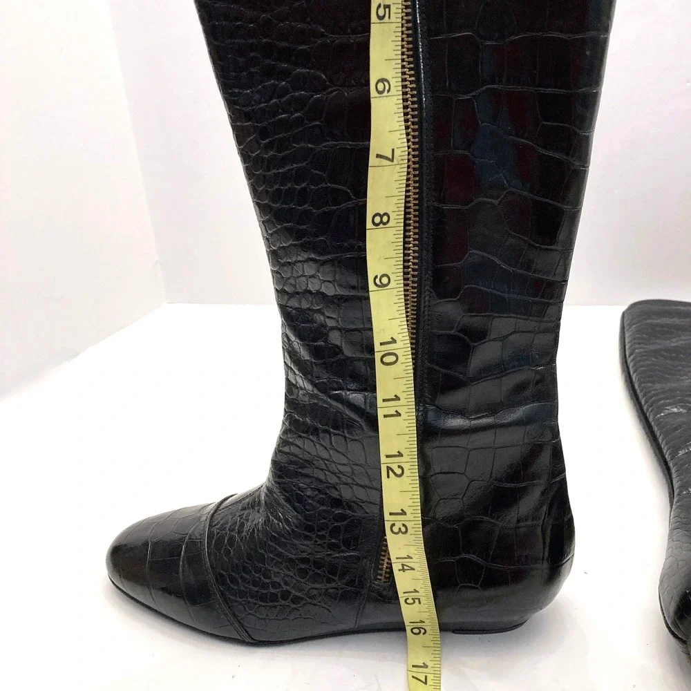 Migliorini Italian‎ Leather Boots Tall Croc Embossed Black Leather Womens 7.5 M